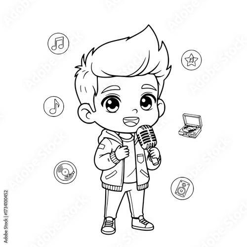 Cute boy singer microphone music outline illustration