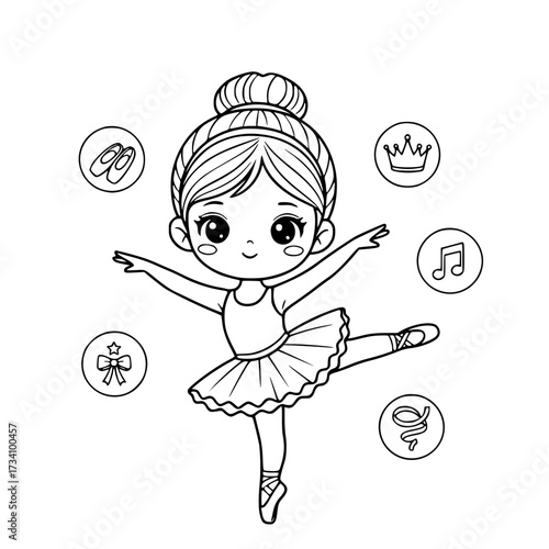 Cute girl ballerina dance crown outline illustration