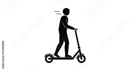 A person riding an electric scooter depicted in stark black silhouette