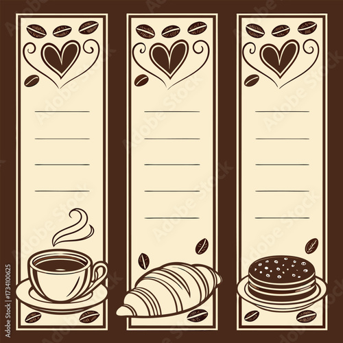 Vintage coffee shop menu template with decorative heart coffee beans cup croissant and dessert illustrations Perfect for café restaurant or bakery menu designs
