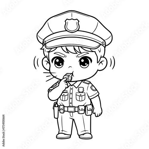Cute boy police officer badge outline illustration