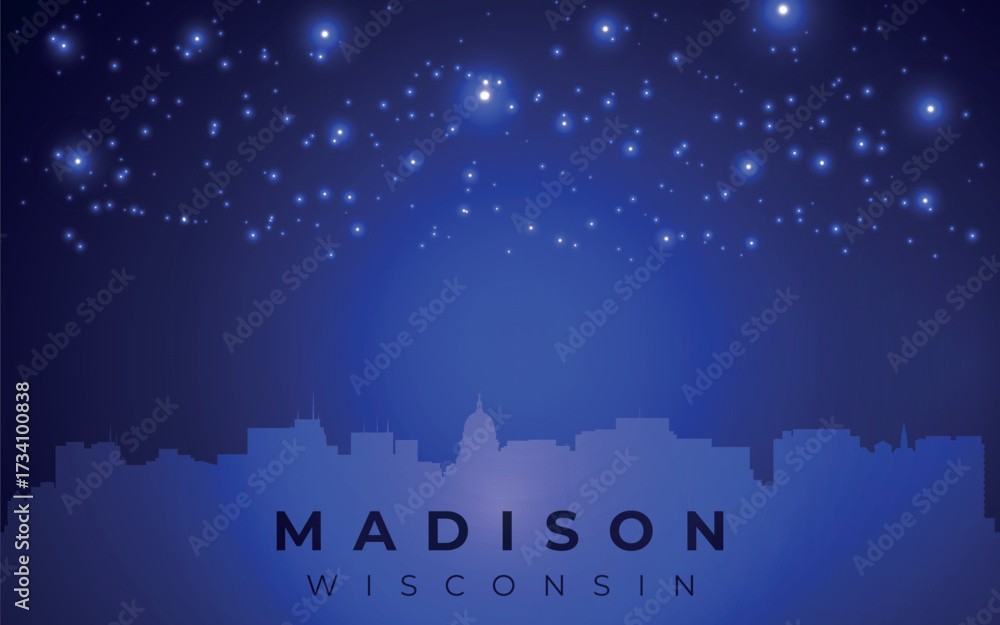 Naklejka premium silhouette of the city against the backdrop of the starry night sky. In the foreground, you can see the outline of skyscrapers representing the skyline of Madison, Wisconsin. 