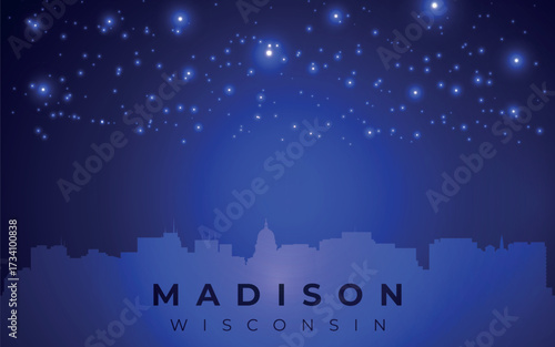 silhouette of the city against the backdrop of the starry night sky. In the foreground, you can see the outline of skyscrapers representing the skyline of Madison, Wisconsin. 