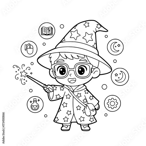 Cute boy wizard magic wand stars circle icons outline illustration