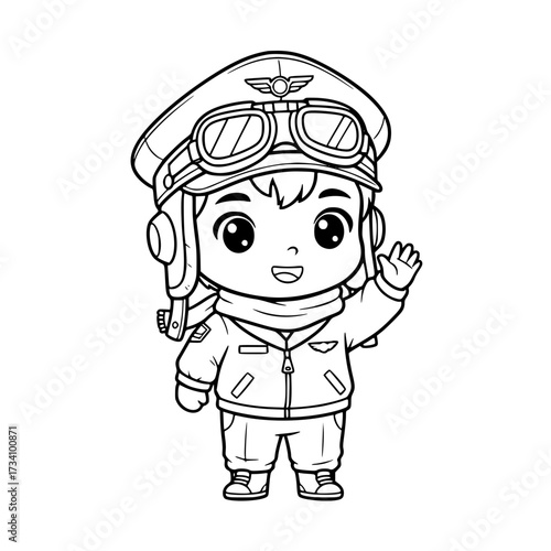 Cute child pilot aviator helmet airplane circle icons outline illustration