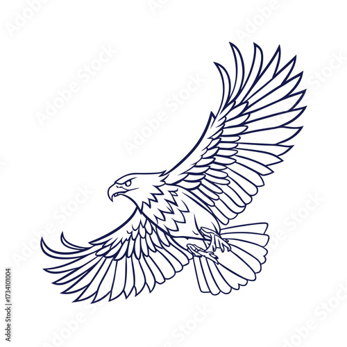 Detailed line art drawing of a majestic eagle in mid flight with outstretched wings