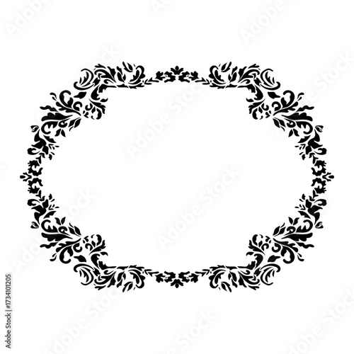 Elegant oval floral frame in black, perfect for vintage invitations, labels, and classic decorations.