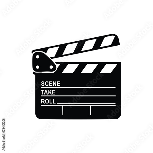 Clapperboard used in film production with striped top and labeled sections for scene, take, and roll in a professional setting