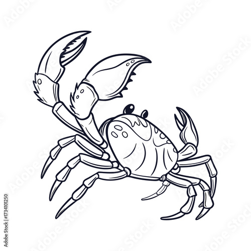 Detailed line drawing of a crab with raised claws on a white background