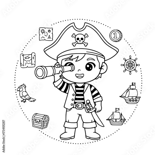 Cute boy pirate costume playing outline illustration