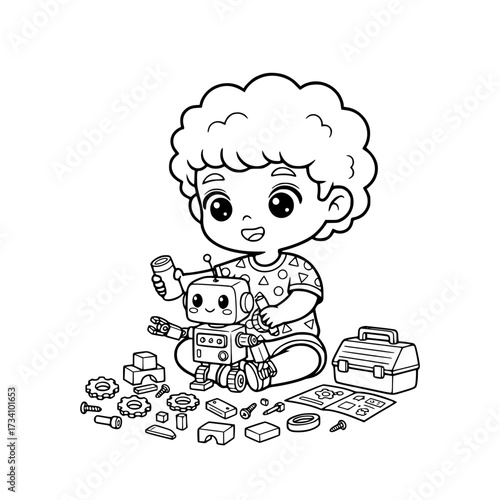 cute Boy playing robot and car toys outline illustration 