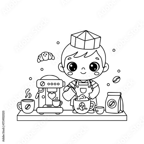 Boy barista coffee working outline illustration cute