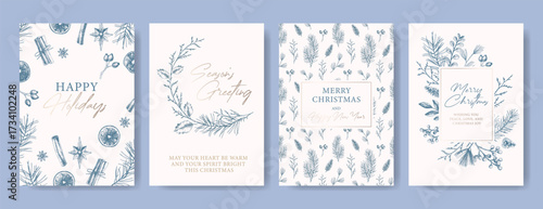 Holiday Greeting Cards with Botanical Design. Hand drawn floral illustration with pine branches, berries, holly leaves. Christmas and New Year celebration concept