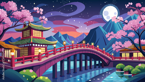 very beautiful Kintai-bashi bridge and cherry blossoms at night, Japan,Yamaguchi Prefecture,Iwakuni city