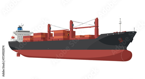 Cargo ship with shipping containers displayed in a bold silhouette