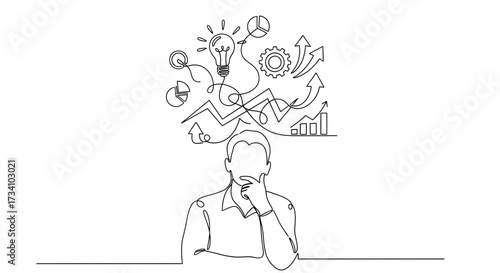 One-line drawing of a person thinking, solving problems, finding solutions, presentation