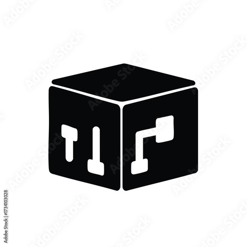Minimalist black and white cube with abstract geometric patterns on each face, emphasizing modern design and simplicity