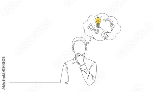 One-line drawing of a person thinking, solving problems, finding solutions, presentation
