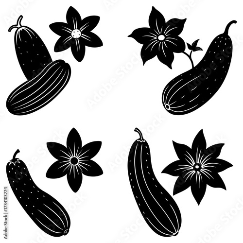 Black and white illustration of cucumbers and flowers in various arrangements on a white background