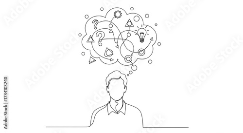 One-line drawing of a person thinking, solving problems, finding solutions, presentation