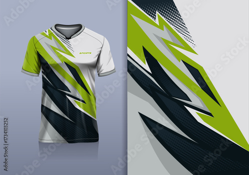T-shirt mockup with abstract flash lines sport jersey design for football, soccer, racing, esports, running, in white green color
