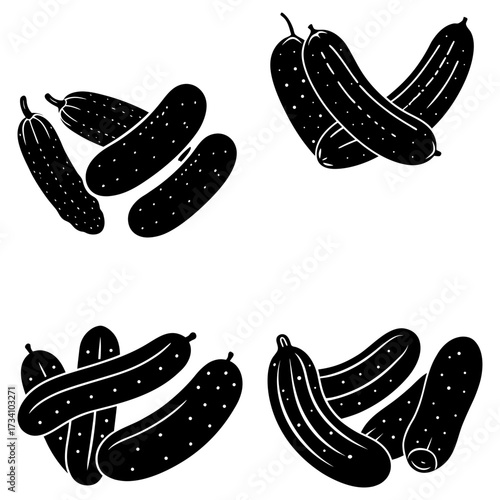 A set of four illustrations showing different arrangements of black and white dotted cucumbers on white