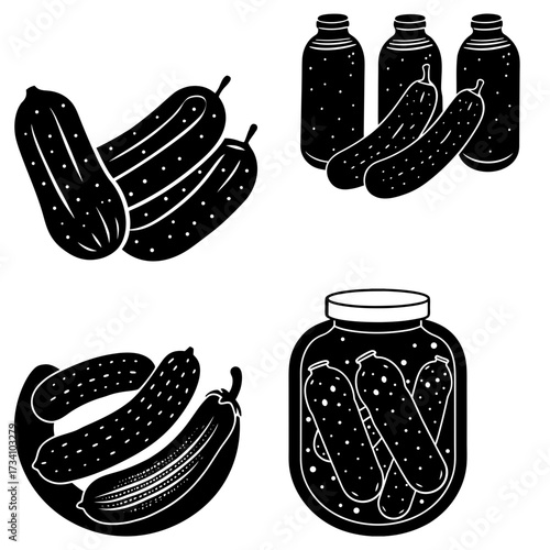 Illustration of multiple arrangements of pickles including jars and loose cucumbers shown in black and white