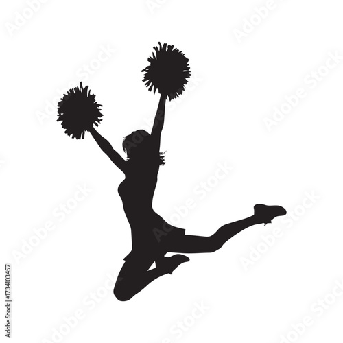 Silhouette of a cheerleader jumping with pom poms in the air