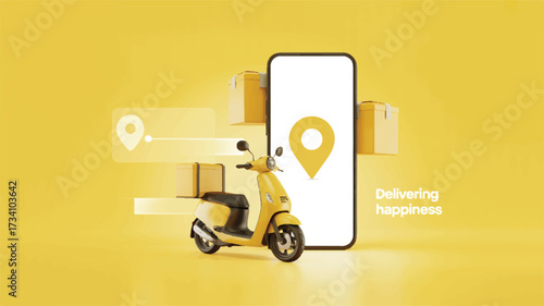 A 3D rendered illustration of a bright yellow delivery scooter and smartphone on a solid yellow background.  (3)_traced