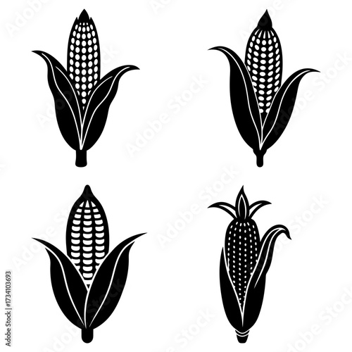 Four stylized black and white corn cobs with husks arranged in a square formation on white background