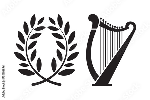 Laurel wreath and harp emblem