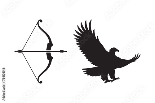 Silhouette of a bow and arrow next to a flying eagle