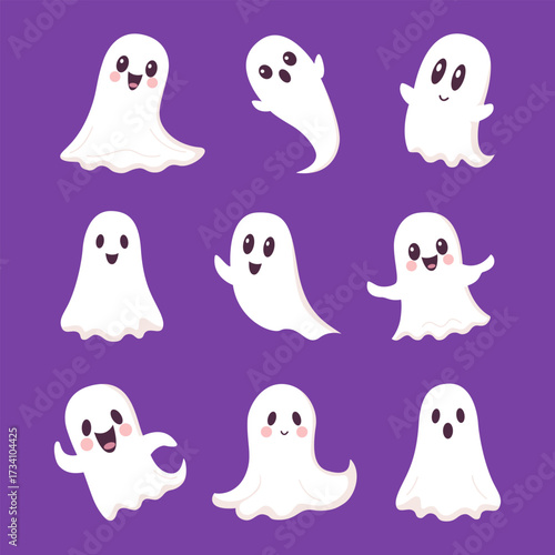 Simple flat set of cute ghosts with different emotions on purple background