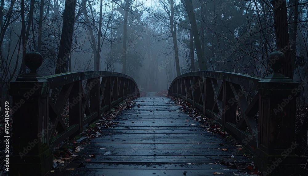 Obraz premium Creepy bridge in a haunted forest, empty middle for marketing content