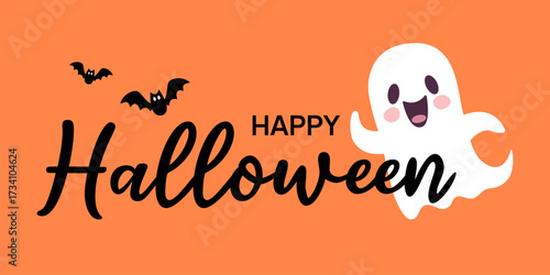 Cute smiling ghost, two black bats and words Happy Halloween against solid orange background. Cheerful vector illustration for Halloween-themed designs