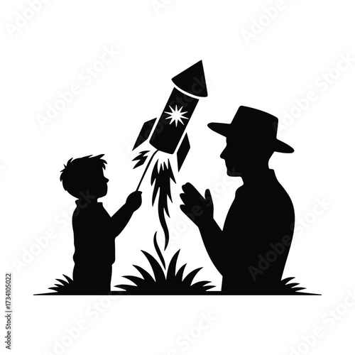 Father and son silhouette launching rocket celebrating joyful childhood adventure and bonding silhouette