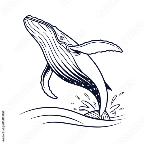 Majestic humpback whale leaping out of ocean waves in artistic sketch