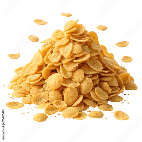 Pile of golden corn flakes cereal scattered and isolated on transparent background