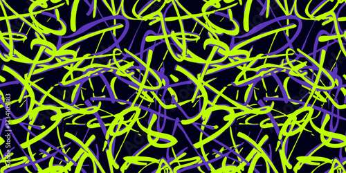 Graffiti seamless pattern. Urban art texture with paint strokes, chaotic lines. Abstract sport style vector background. Neon green, purple, black. Repeat trendy design for kids, teens, boys, girls