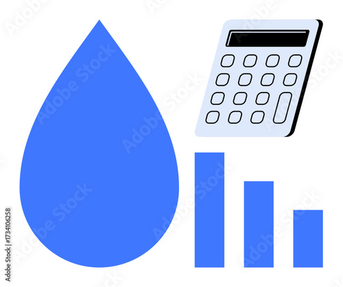 Blue water droplet, calculator, and bar chart illustrating resource management, environmental impact, and cost analysis. Ideal for conservation, sustainability, financial planning, education