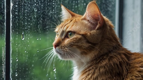 cat looking at the rain through the window, created by ia