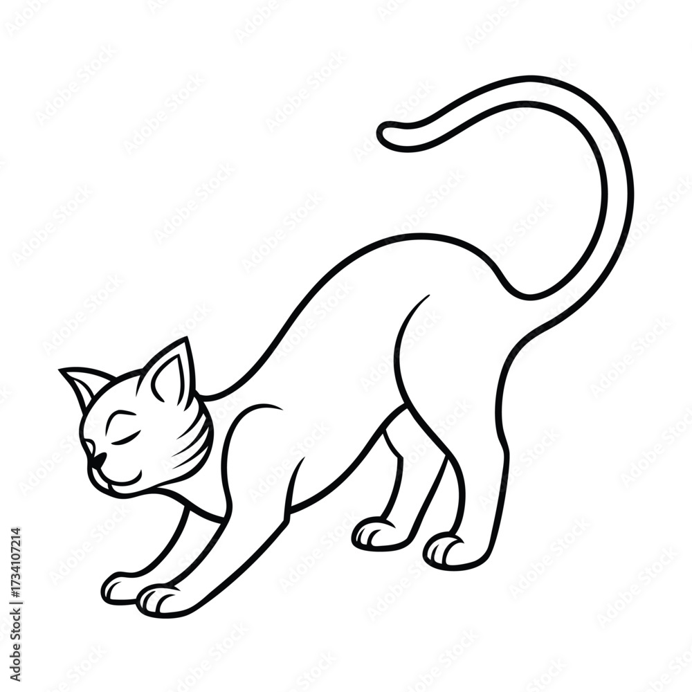 Obraz premium Simple line drawing of a cat stretching with eyes closed