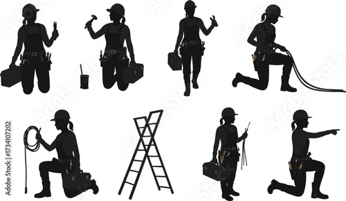 "Construction worker electrician silhouettes with tools, ladder, cables, toolbox, safety helmet, utility belt, industrial labor poses, vector illustration design"