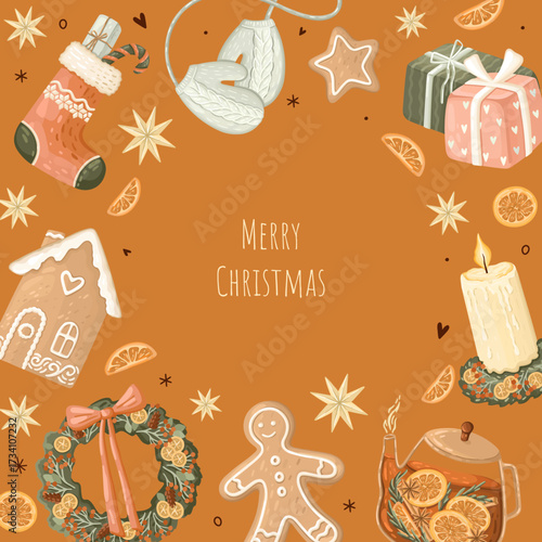 Winter cozy postcard. Merry Christmas poster. Vector.