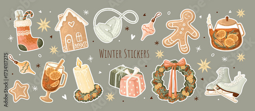 Winter cozy stickers. Christmas holiday elements. Vector.