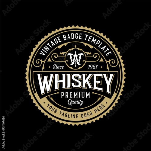 Vintage retro luxury victorian circular antique label round badge logo. Suitable for whiskey, rum, beer, vodka, scotch, cognac, packaging label, tattoo studio etc