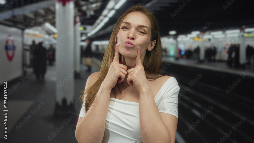 Fototapeta premium Young woman in white off shoulder top pressing fingertips together on train platform inside building; happiness communication.