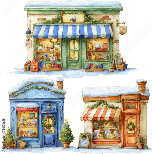 Joyful watercolor illustration of festive christmas shop in winter snow
