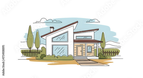 One-line house. Vacation home, suburban area, and hand-dwawn housing market branding vector illustration