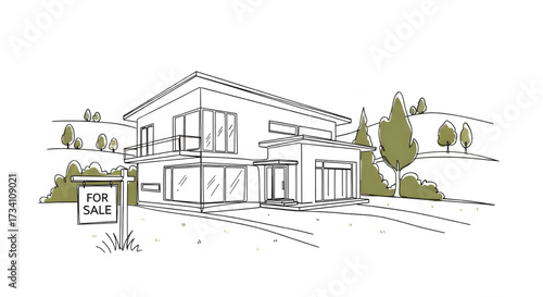 One-line house. Vacation home, suburban area, and hand-dwawn housing market branding vector illustration